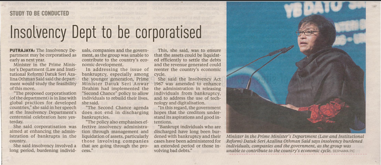 [26.07.2024] NEW STRAITS TIME : 'INSOLVENCY DEPT TO BE CORPORATISED'