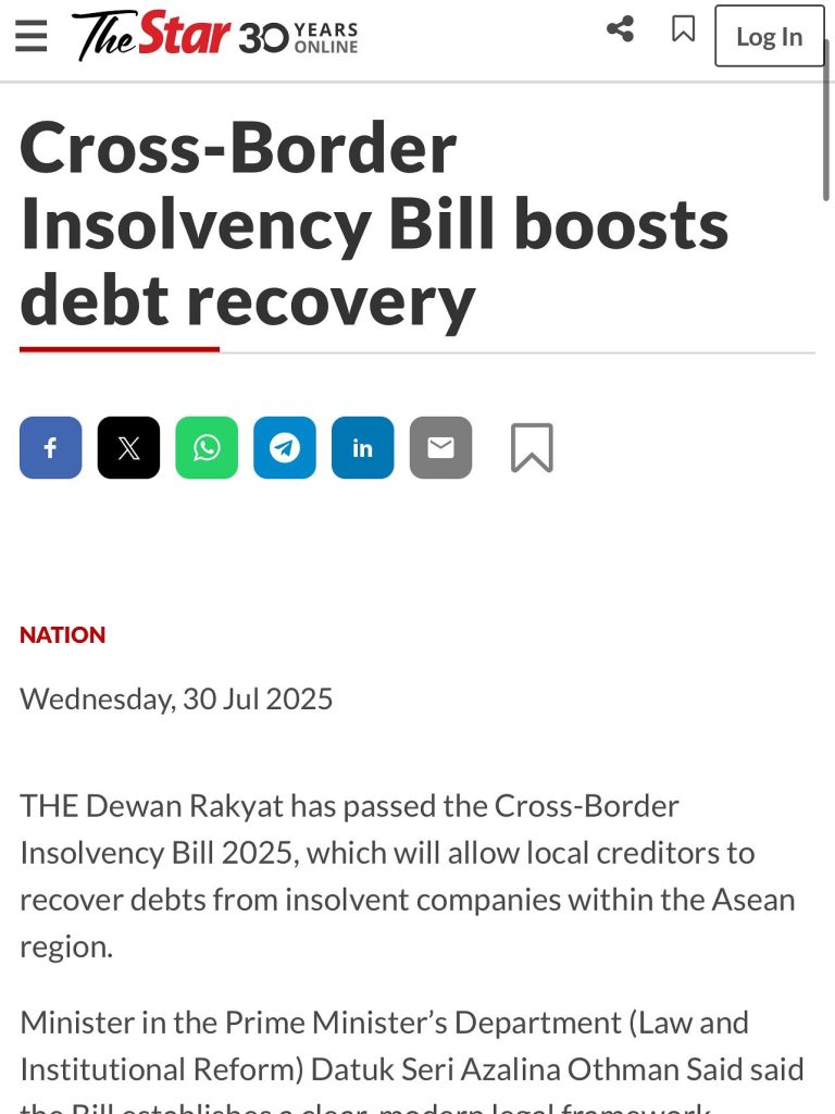 [29.07.2025] THE STAR 'CROSS-BORDER INSOLVENCY BILL BOOSTS DEBT RECOVERY'