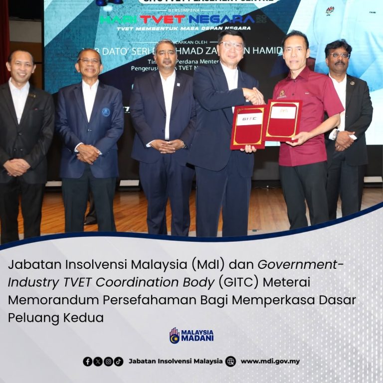 6 Jun 2026 | Jabatan Insolvensi Malaysia (MdI) dan Government-Industry TVET Coordination Body (GITC) Meterai Memorandum Persefahaman bagi Memperkasa Dasar Peluang Kedua